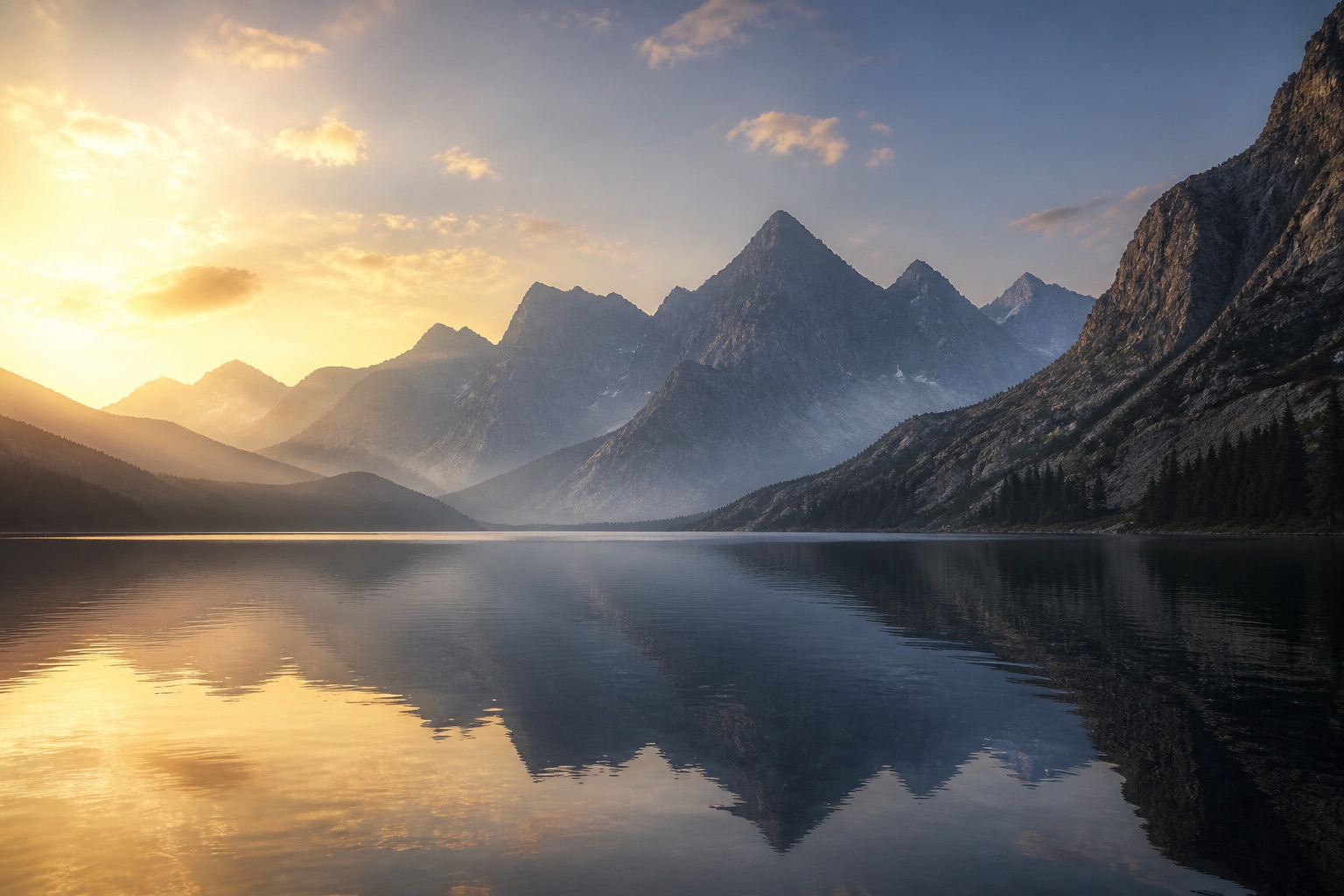 A mountain lake at dawn playing in the main window